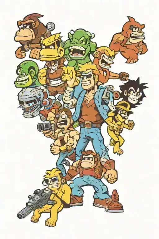 collage of video game characters from quake, duke nukem 3d, crash bandicoot, donkey kong, half life, pokemon and fallout tattoo design idea