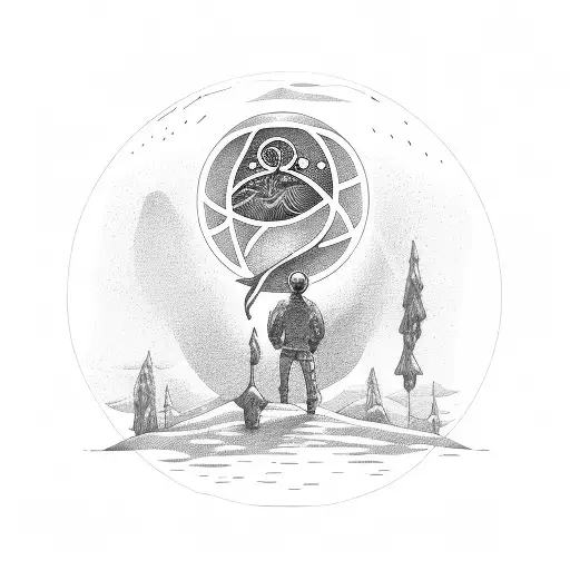 a person standing in a orb with memories in it tattoo design idea