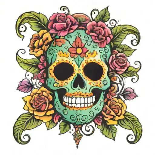A vibrant Mexican sugar skull incorporating elements of finance and pursuing dreams tattoo design idea