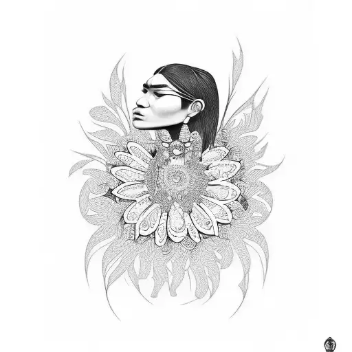Indigenous woman surrounded by vibrant flowers tattoo design idea