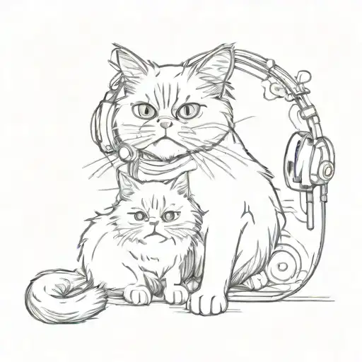 A sketch style tattoo of a persian cat and a shitzu listening to music with a man tattoo design idea