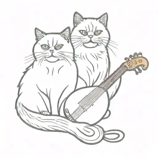 A portrait of a persian cat and a shitzu intertwined with musical instruments tattoo design idea