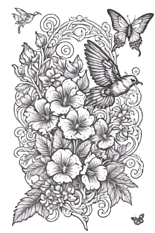 Single primrose and single violet flower on a vine with a single dove at the bottom. Random small Butterflies throughout tattoo design idea