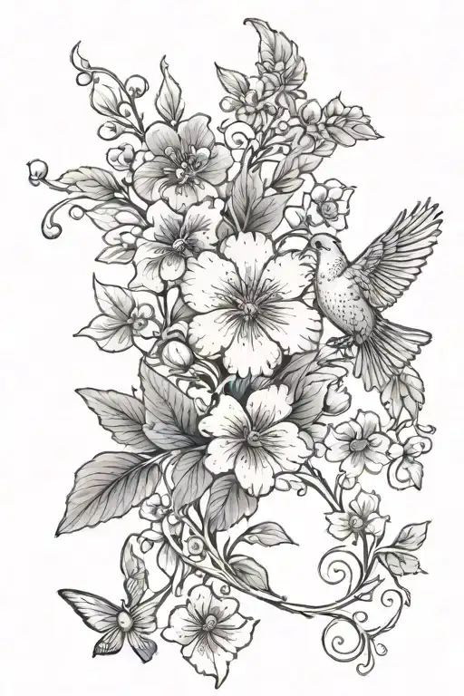 Single primrose and violet flower on a vine with a single dove at the bottom. Random small Butterflies throughout tattoo design idea