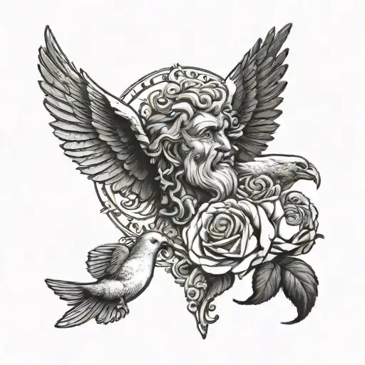 zeus head nexts to a dove flying over a rose made tattoo design idea