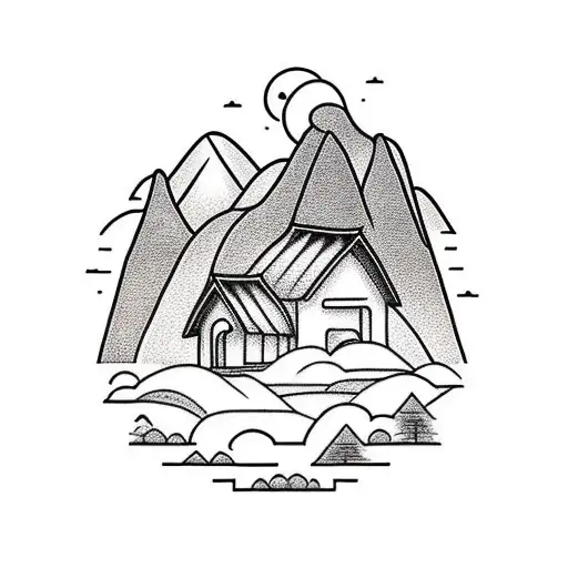 road true rice fields with mountains and a cow and a little house in laos tattoo design idea