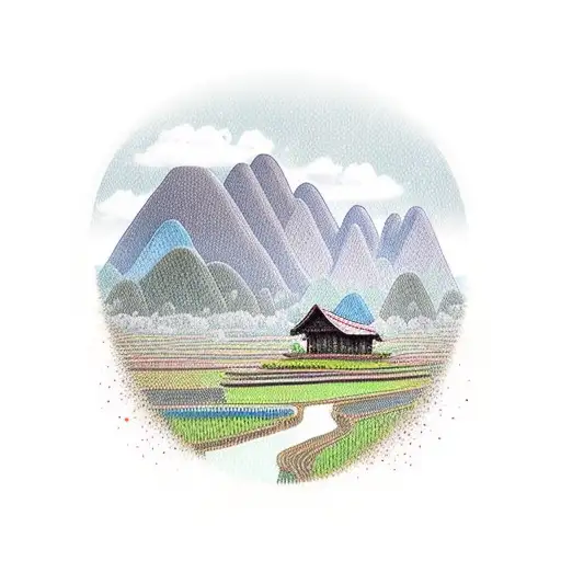road true rice fields with mountains and a cow and a little house in laos tattoo design idea