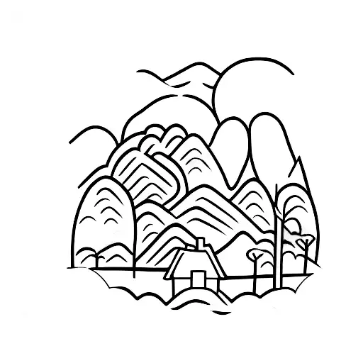 road true rice fields with mountains and a cow and a little house in laos tattoo design idea