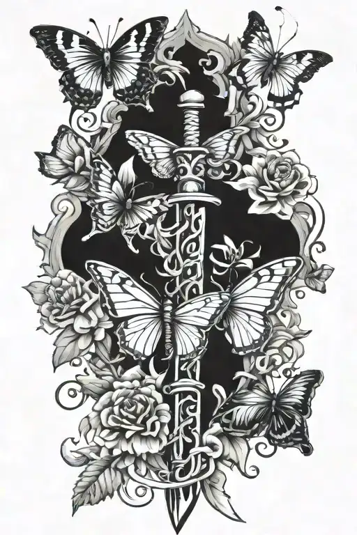 sword and butterfly intertwined representing hope, courage, strength and endurance tattoo design idea