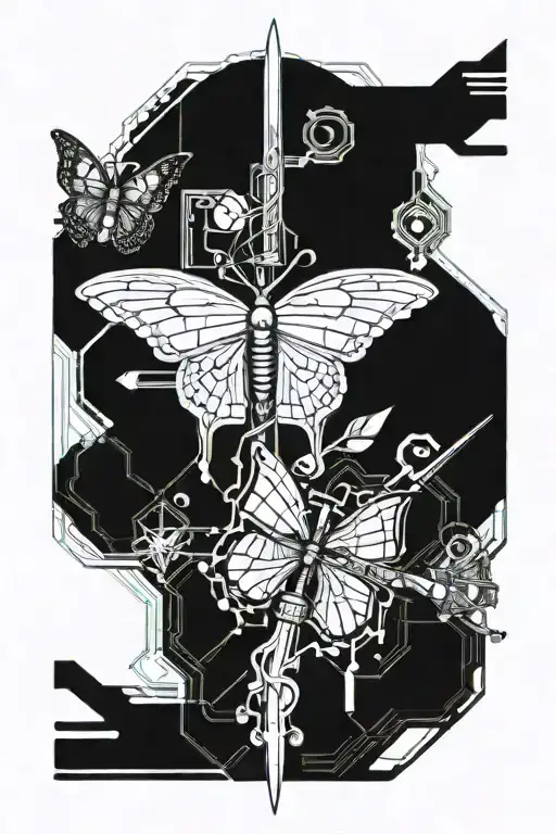butterfly and sword intertwined tattoo design idea