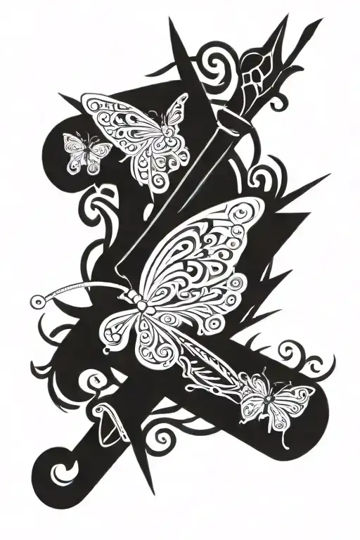 sword and butterfly intertwined representing hope, courage, strength and endurance with the words cynity tattoo design idea