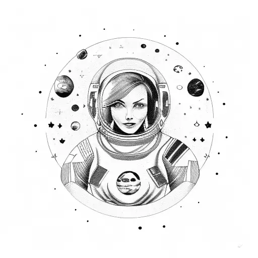 female astronaut with some planets and stars feminist power tattoo design idea