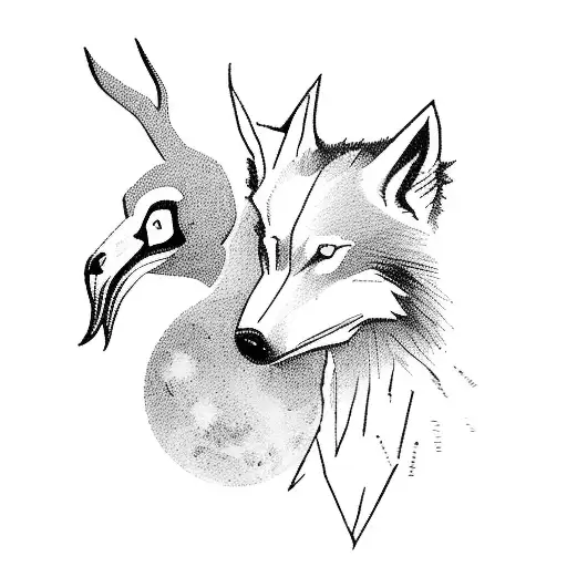 A hauntingly beautiful Slavic folklore scene featuring a wolf and a raven in a moonlit forest tattoo design idea