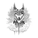 A hauntingly beautiful Slavic folklore scene featuring a wolf and a raven in a moonlit forest tattoo design idea
