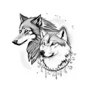 A hauntingly beautiful Slavic folklore scene featuring a wolf and a raven in a moonlit forest tattoo design idea