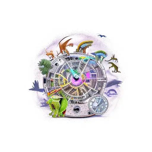 time machine surrounded by dinosaurs  tattoo design idea