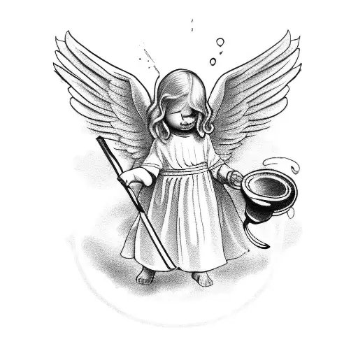 a little angel pouring a seal holding it on his shoulder tattoo design idea