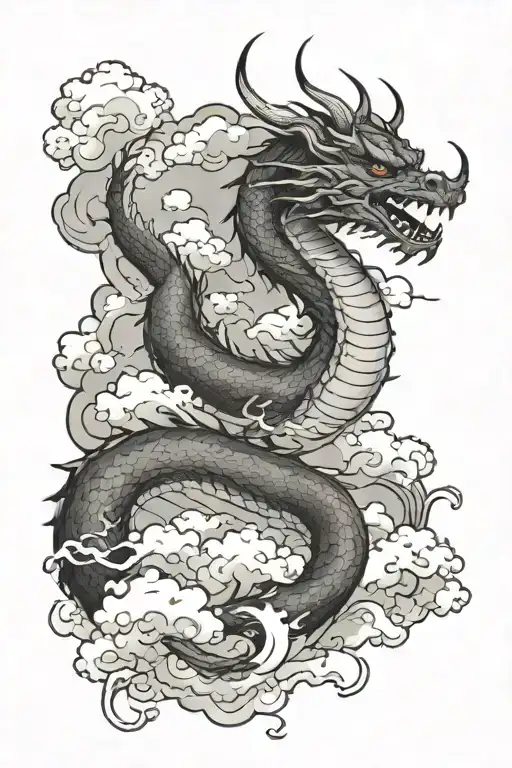 Design a realistic portrait of a dragon and japanese background clouds tattoo design idea
