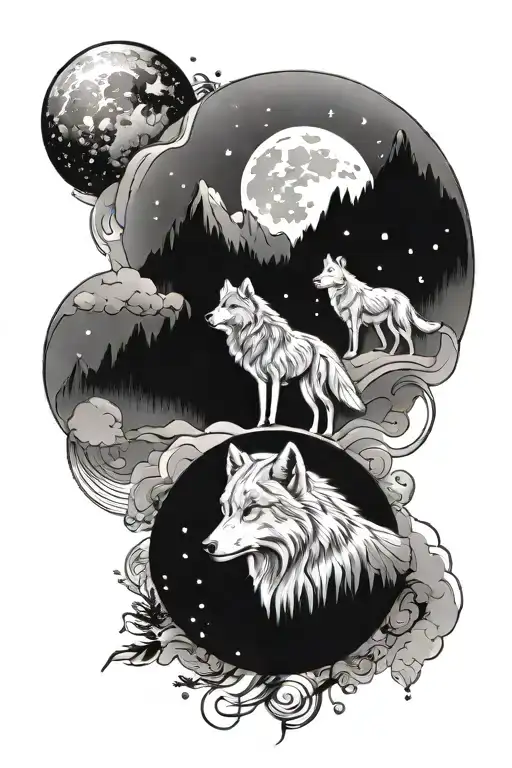 weather and wolfs and space and mountains  tattoo design idea