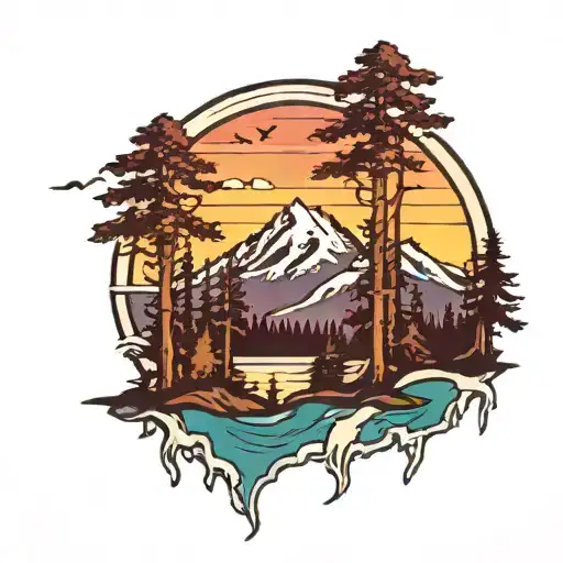 Olympic mountains with ocean and trees colors sunset tattoo design idea