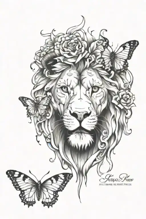melting eyes, butterfly and lion head tattoo design idea