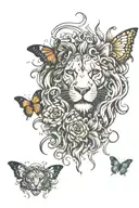 melting eyes, butterfly and lion head tattoo design idea