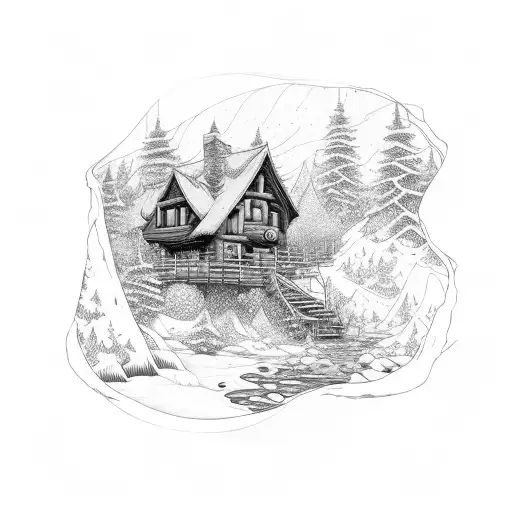 A hunter's cabin deep in the woods, with a waterfall cascading nearby and wildlife roaming around tattoo design idea