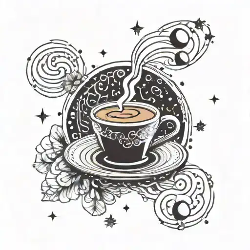 A geometric design incorporating the Arabic word for 'coffee' surrounded by swirling coffee beans and a starry night sky background tattoo design idea