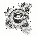 A geometric design incorporating the Arabic word for 'coffee' surrounded by swirling coffee beans and a starry night sky background tattoo design idea