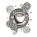 A geometric design incorporating the Arabic word for 'coffee' surrounded by swirling coffee beans and a starry night sky background tattoo design idea