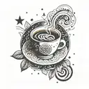 A geometric design incorporating the Arabic word for 'coffee' surrounded by swirling coffee beans and a starry night sky background tattoo design idea