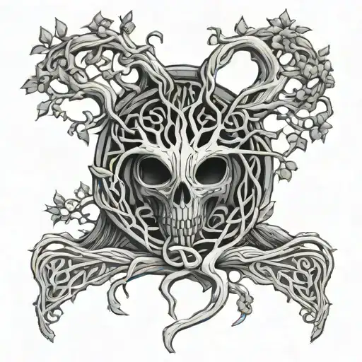 Celtic style tree of life with death holding the scythe and peeking out from behind the trunk tattoo design idea