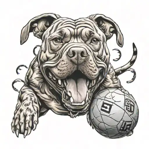 A scary pitbull holding a basketball in its mouth surrounded by dollar signs tattoo design idea