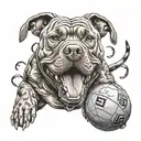 A scary pitbull holding a basketball in its mouth surrounded by dollar signs tattoo design idea