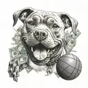 A scary pitbull holding a basketball in its mouth surrounded by dollar signs tattoo design idea