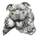 A scary pitbull holding a basketball in its mouth surrounded by dollar signs tattoo design idea