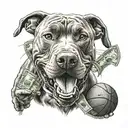 A scary pitbull holding a basketball in its mouth surrounded by dollar signs tattoo design idea