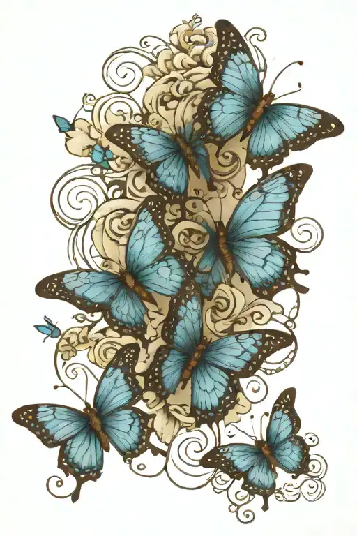 blue butterflies with french writing above  tattoo design idea