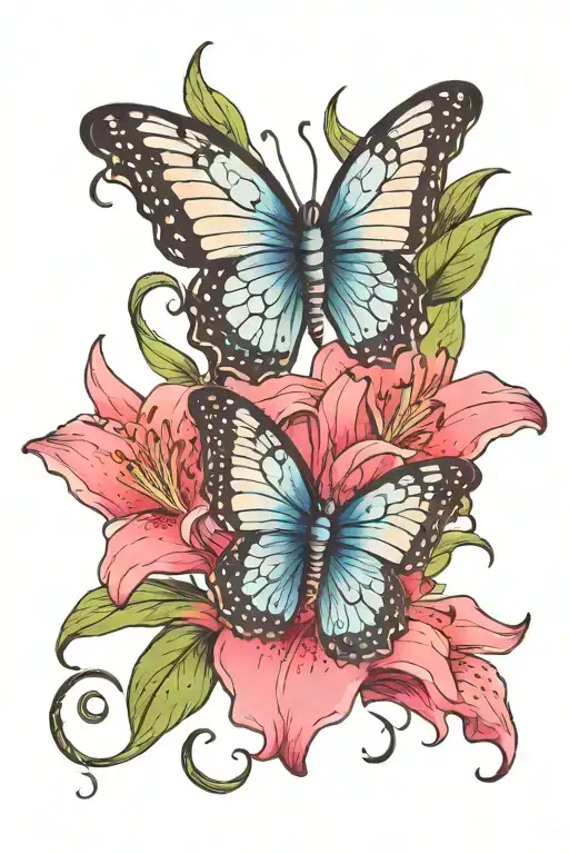 blue butteryfly with pink lily flower tattoo design idea