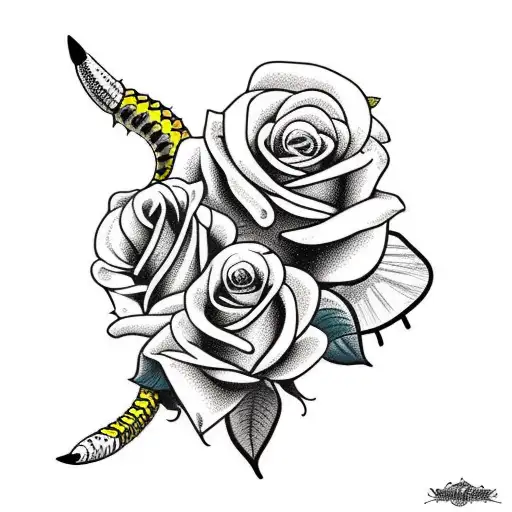 yellow roses background with rattlesnakes dagger foreground  tattoo design idea