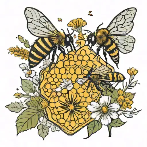 honeycomb 2   bees and dandelion spread 2 seeds tattoo design idea