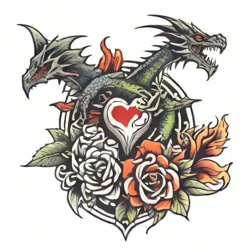 slim dragon spine tattoo with flowers and three hearts incorporated with one of the hearts having a halo in the middle tattoo design idea