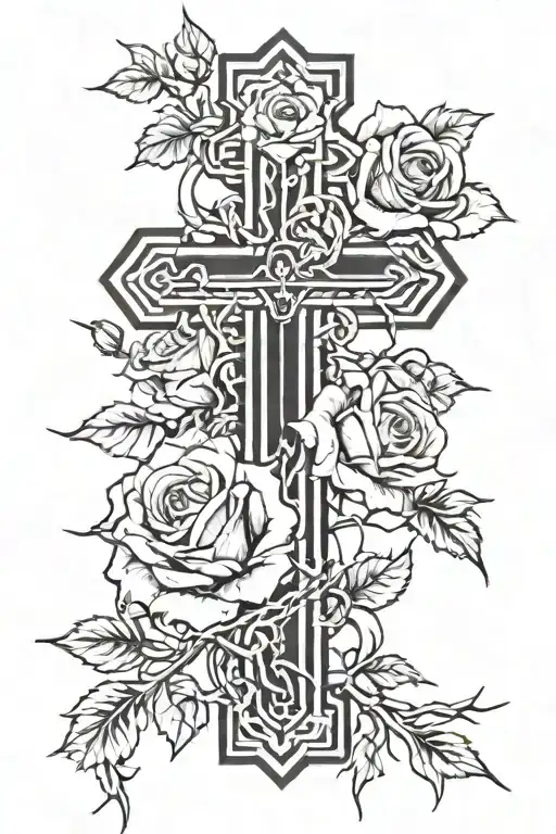 A cross with barbed wire roses intertwined tattoo design idea