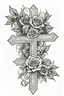 A white empty cross with barbed wire roses intertwined clouds in the background  tattoo design idea