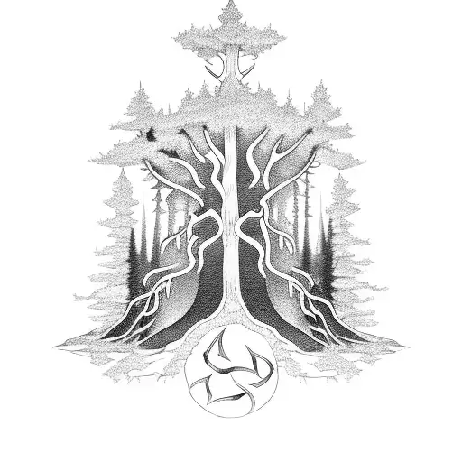 A mystical forest with ancient pagan symbols intertwined with the trees tattoo design idea