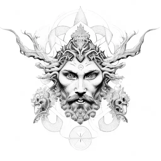 A dotwork design featuring a collection of pagan symbols forming the shape of the Green Man's face tattoo design idea