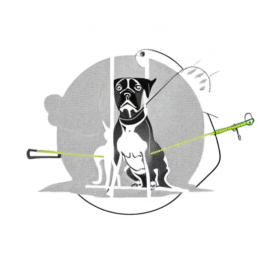 A fishing rod and shotgun crossed over a silhouette of a dog against a backdrop of tall trees tattoo design idea