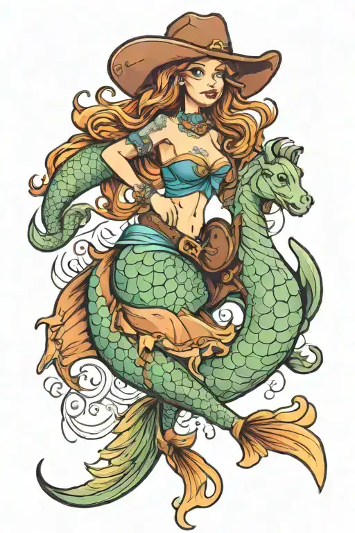 photo of Full Color Mermaid on sea horse with cowgirl hat tattoo design idea