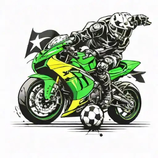  fútbol brillando con un ninja en una yamaha r15 v3 en un eclipse y bandera de jamaica tattoo design idea