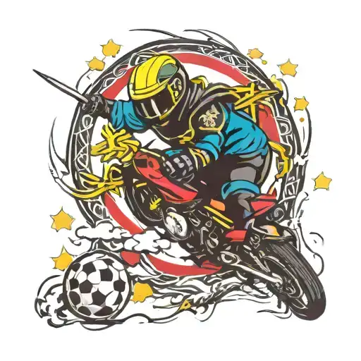 Balón de fútbol brillando con un ninja en moto yamaha r15 v3 en un eclipse y bandera de jamaica tattoo design idea